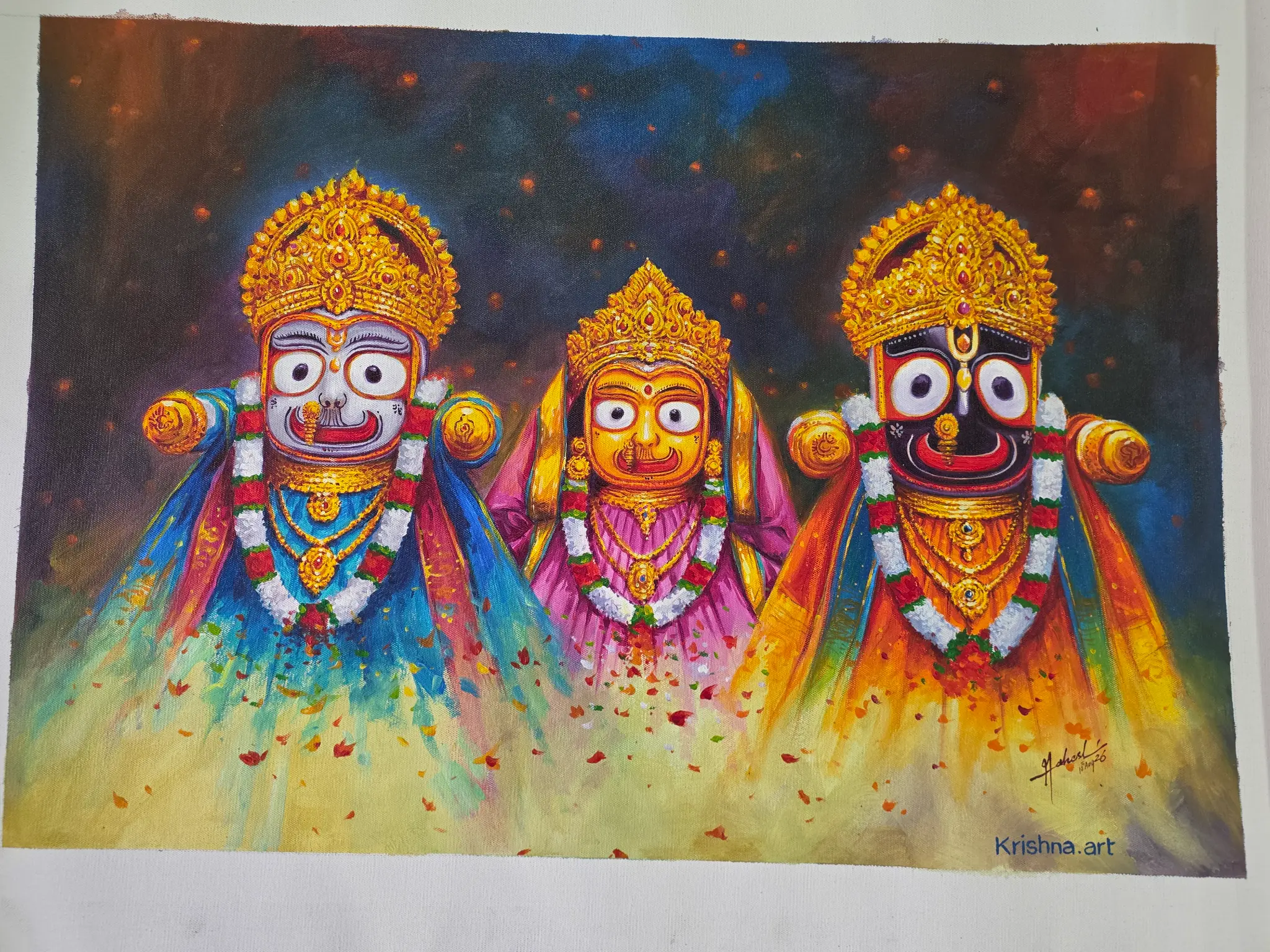Jagannath Trinity displayed in a sunroom