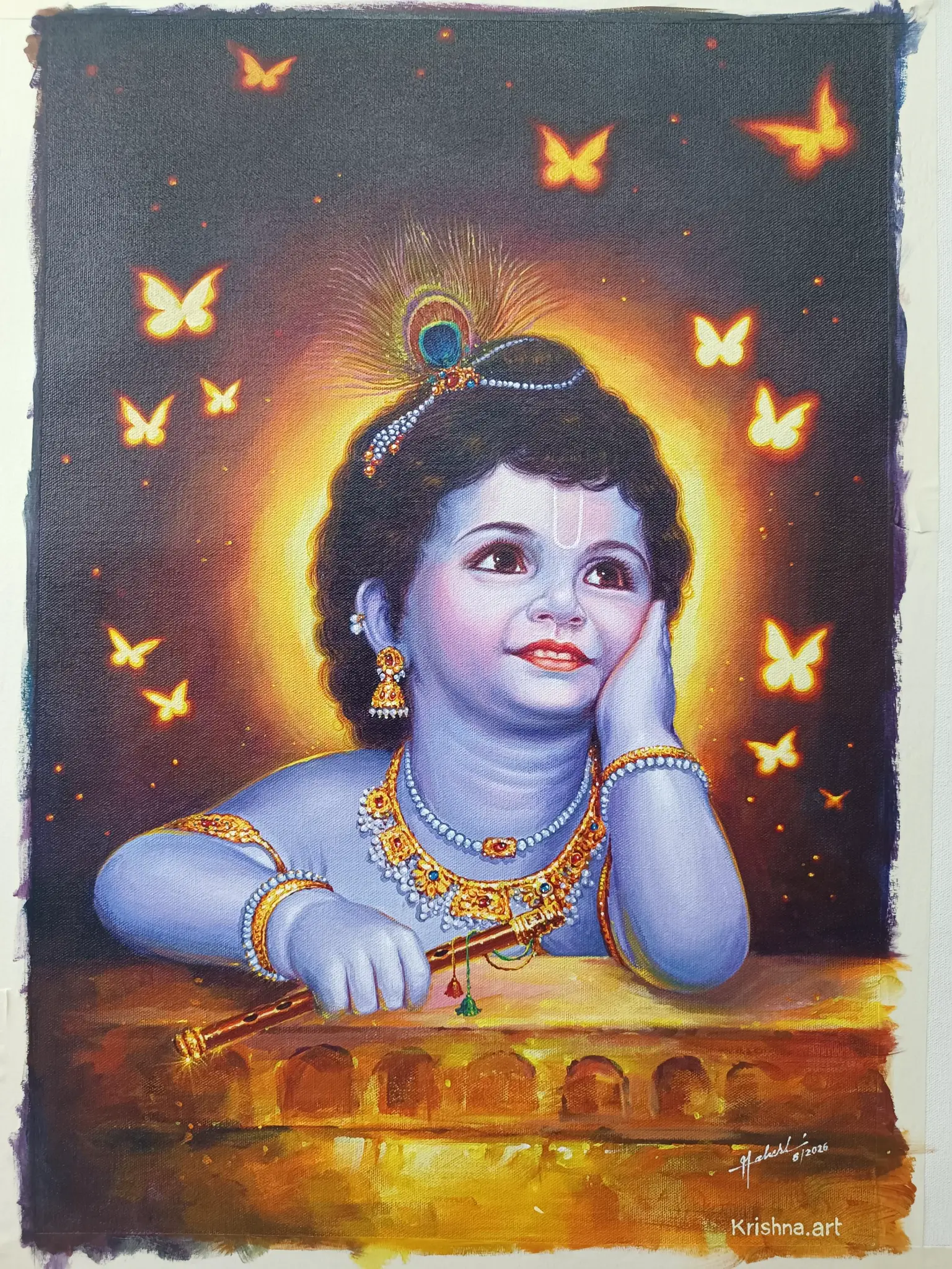 Sri Krishna with Butterflies displayed in a living room